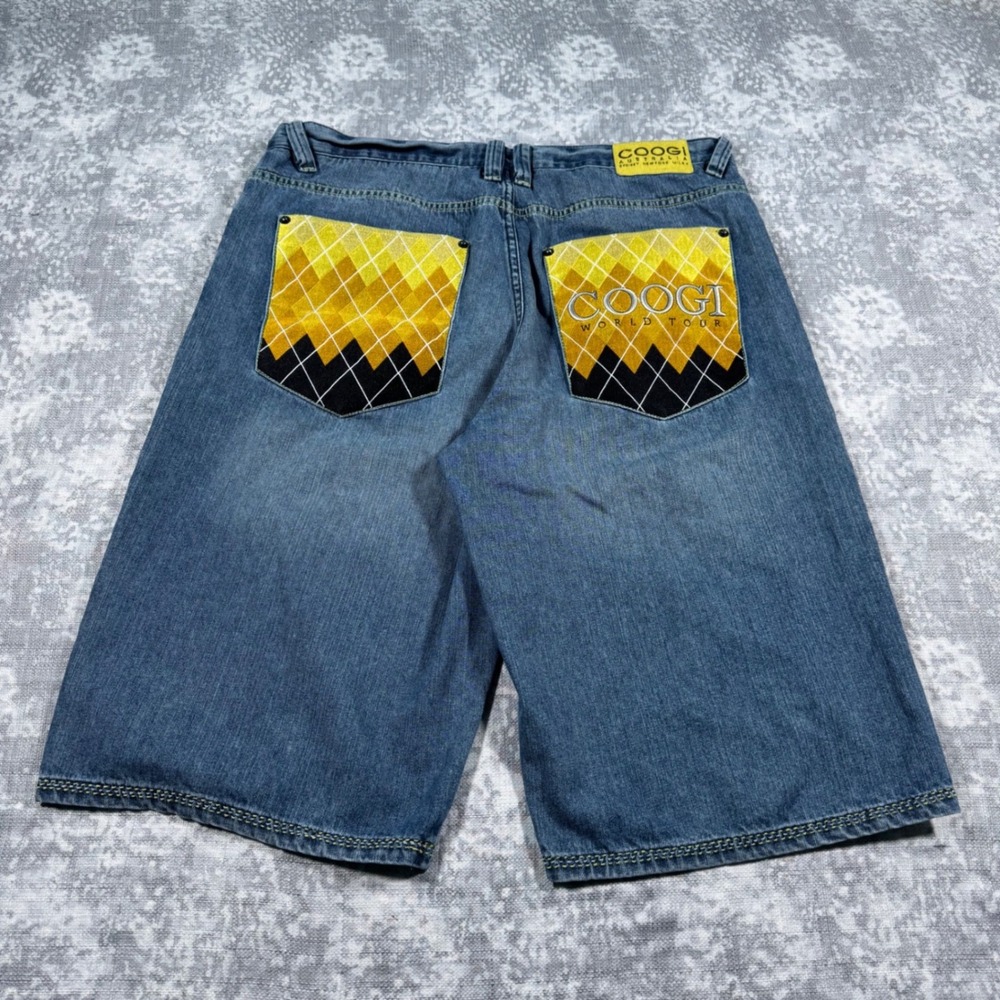 Coogi Baggy Denim Shorts Mens 42 Blue World Tour Graphic Embroidered Y2K Skater